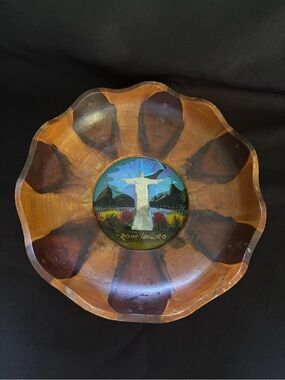 Antique Hand-Painted Wooden Bowl with Rio de Janeiro Motif